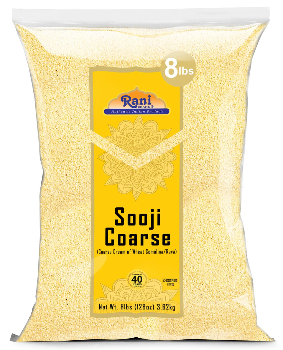Rani Sooji Coarse flour in bag shows premium texture for authentic Indian cooking
