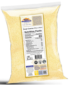 Rani Sooji Coarse bag beside steaming halwa evokes warm Indian desserts.