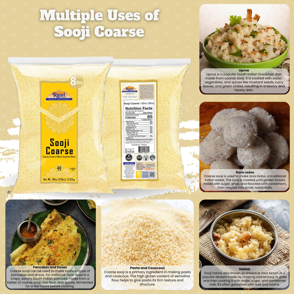 Close-up of Rani Sooji Coarse texture highlights grainy consistency for halva and upma