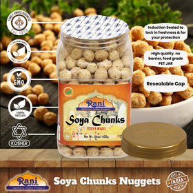 Sizzling Rani Soya Chunks Nuggets in a skillet, quick and flavorful cooking.