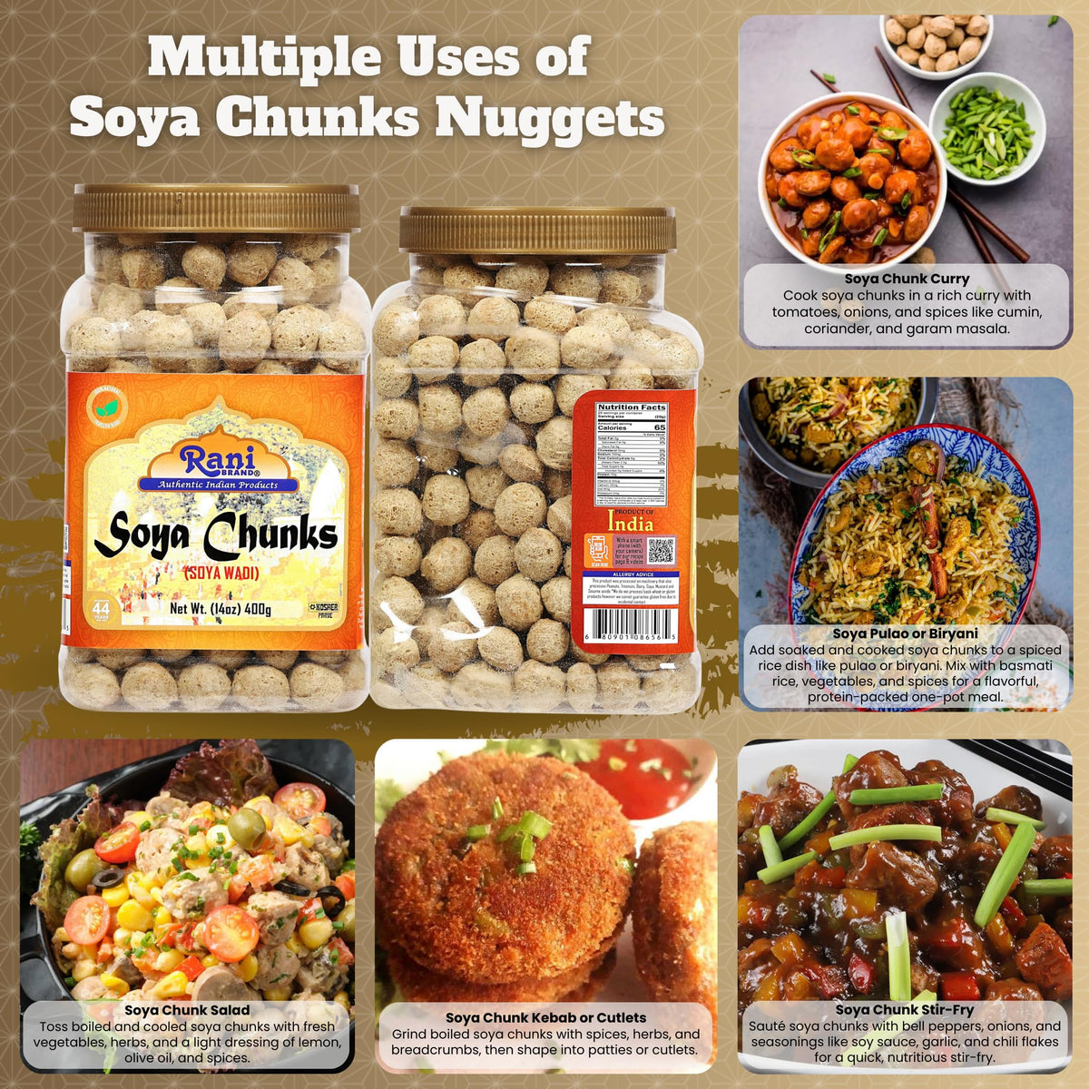 Rani Soya Chunks Nuggets in a bowl, ready for a protein-packed vegan meal.