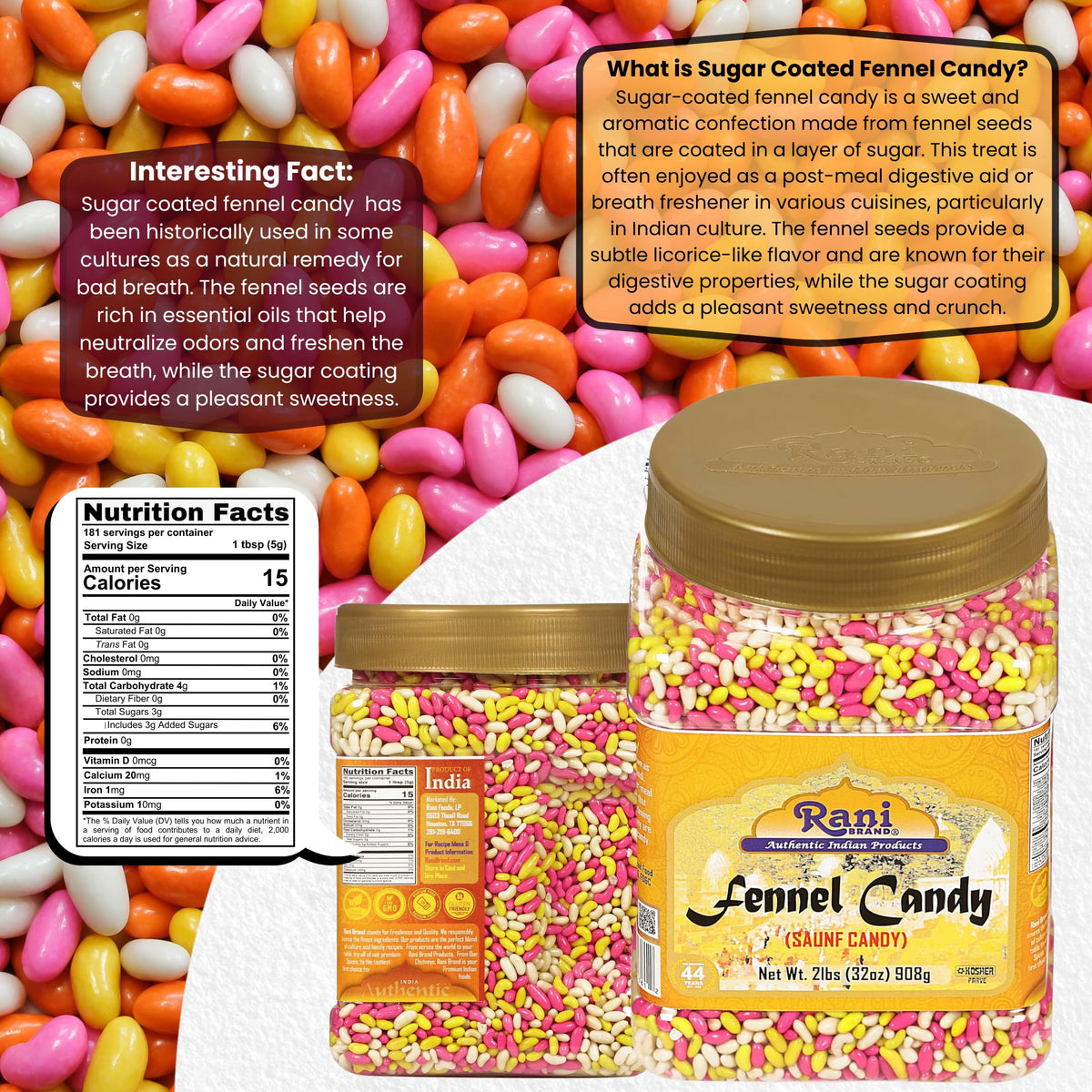 Rani Sugar Coated Fennel Candy closeup reveals crunchy coating and fennel aroma.