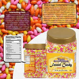 Rani Sugar Coated Fennel Candy closeup reveals crunchy coating and fennel aroma.