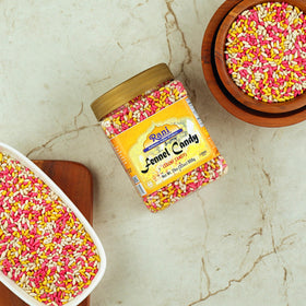 Rani Sugar Coated Fennel Candy ingredients closeup shows fennel and sugar.