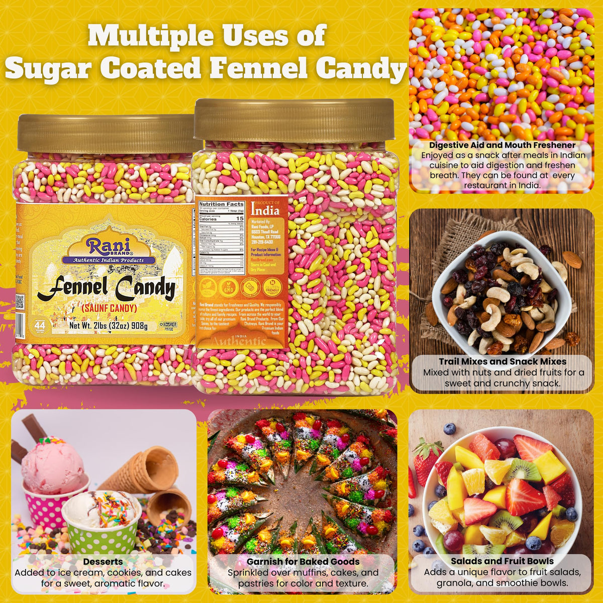 Rani Sugar Coated Fennel Candy jar back highlights vegan, gluten-free quality.