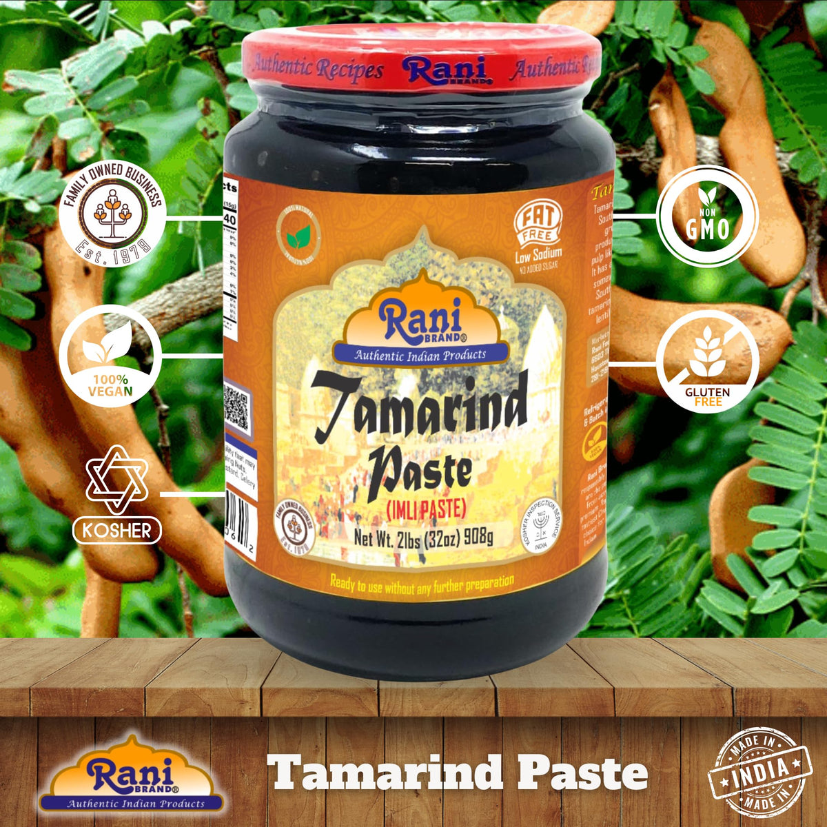 Rani tamarind paste no added sugar label signals health-conscious option.