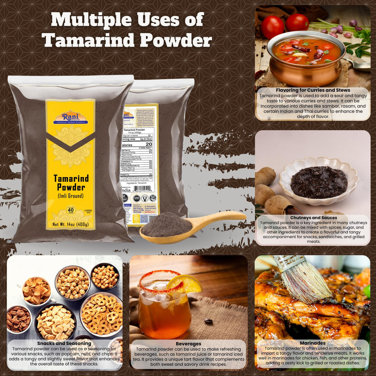 Rani Tamarind Powder measuring spoon demonstrates versatile tangy flavor uses.