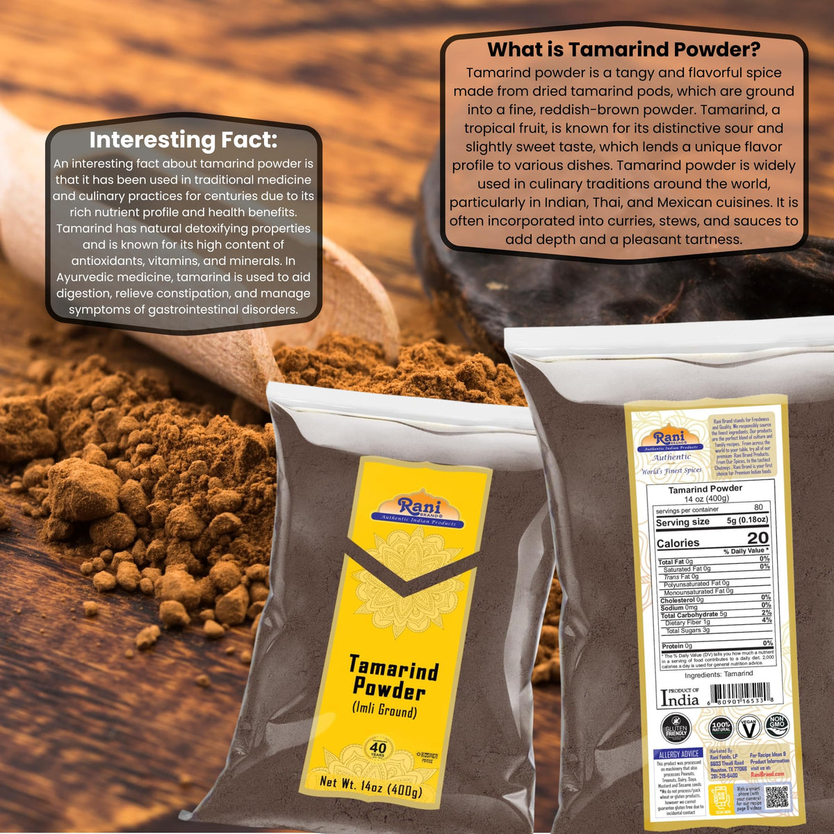 Rani Tamarind Powder jar pouring shows convenient vegan, gluten-friendly seasoning base.