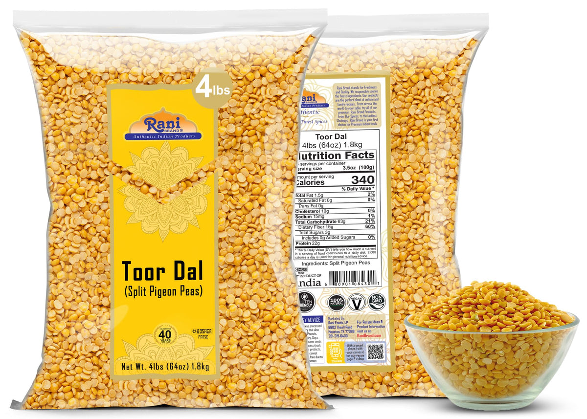 Rani Toor Dal pantry shelf display for convenient vegetarian staples.