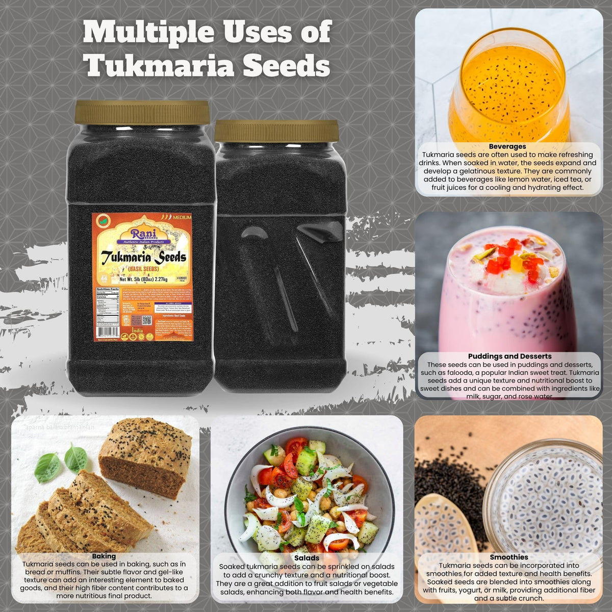 Rani Tukmaria jar label highlights 80oz capacity and resealability