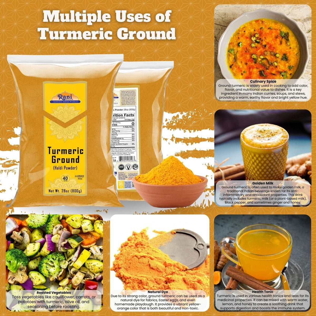 Rani turmeric powder close-up highlights fine texture ideal for baking.
