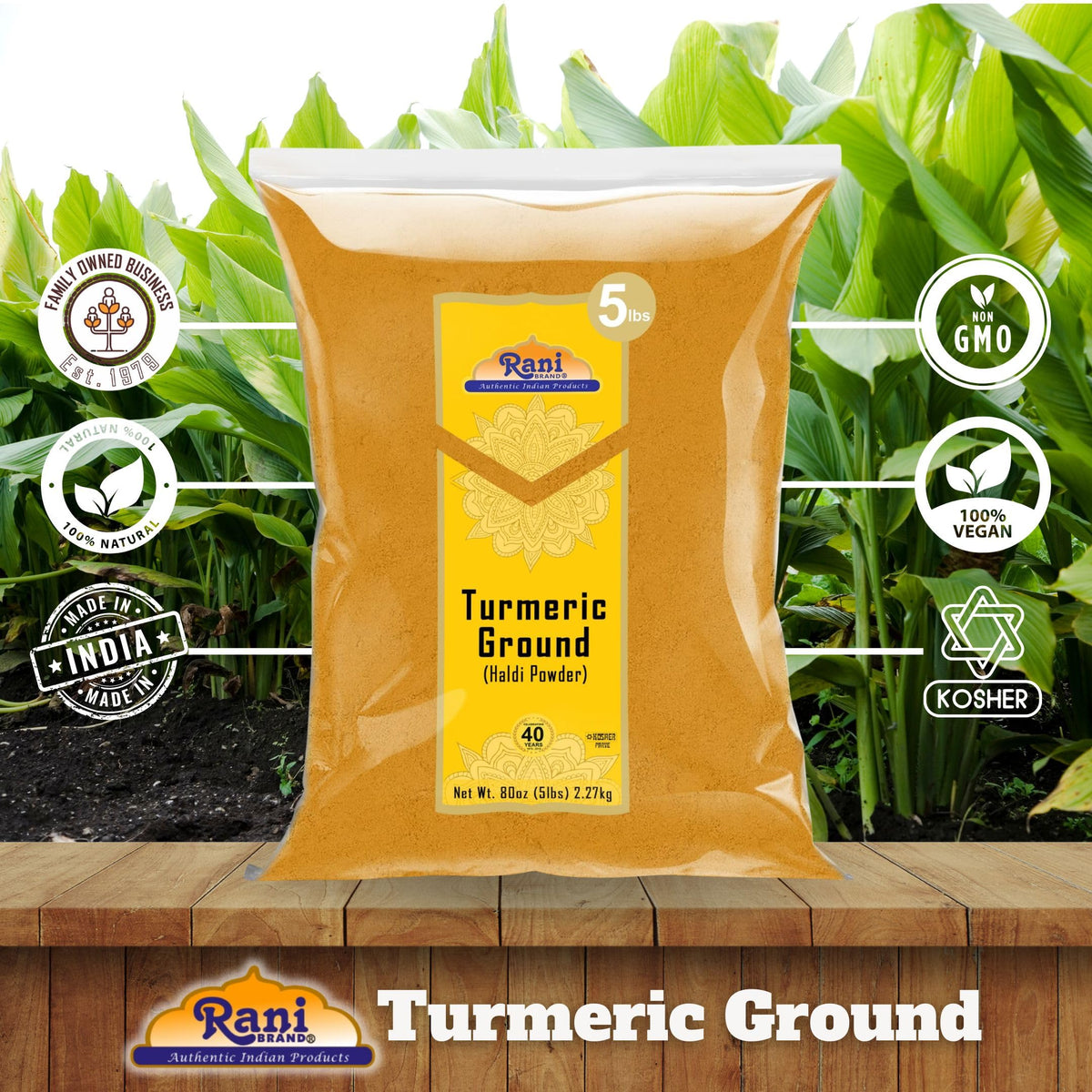 Rani Turmeric Root Powder in kitchen setup, ready for curries and blends