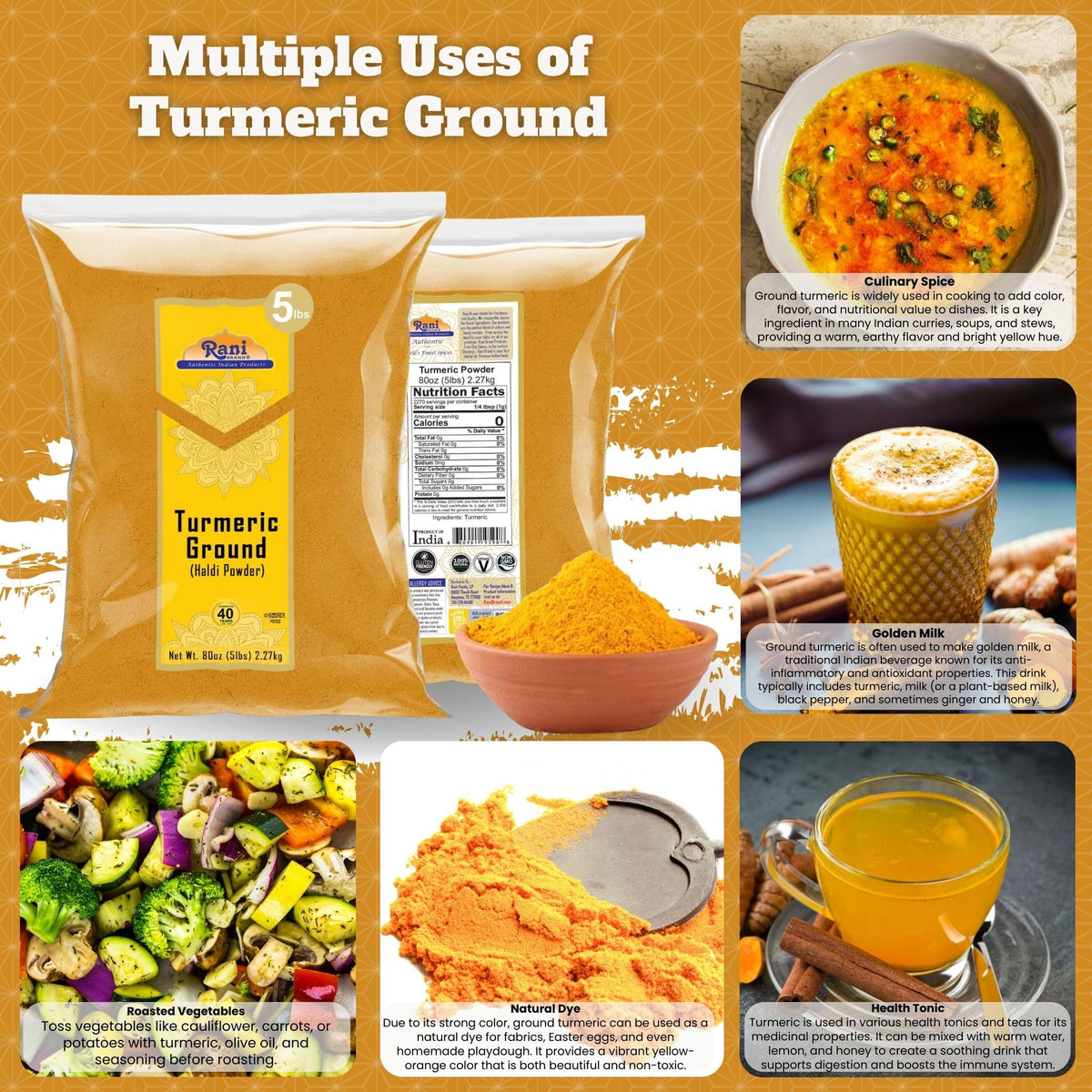 Rani Turmeric Root Powder texture closeup shows fine grind for smooth sauces