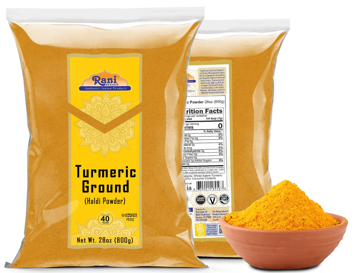 Rani turmeric on shelf conveys premium Indian spice for meals.