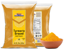 Rani turmeric on shelf conveys premium Indian spice for meals.