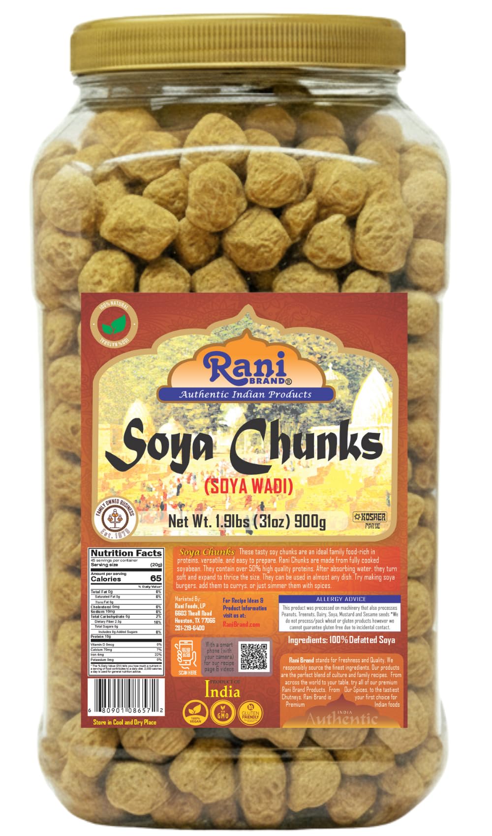 Rani Brand Soya Chunks Nuggets jar highlighting moisture-protective packaging for freshness