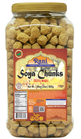 Rani Brand Soya Chunks Nuggets jar highlighting moisture-protective packaging for freshness