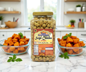 Rani Brand Soya Chunks Nuggets pan cooking shows sizzling texture and quick meal potential
