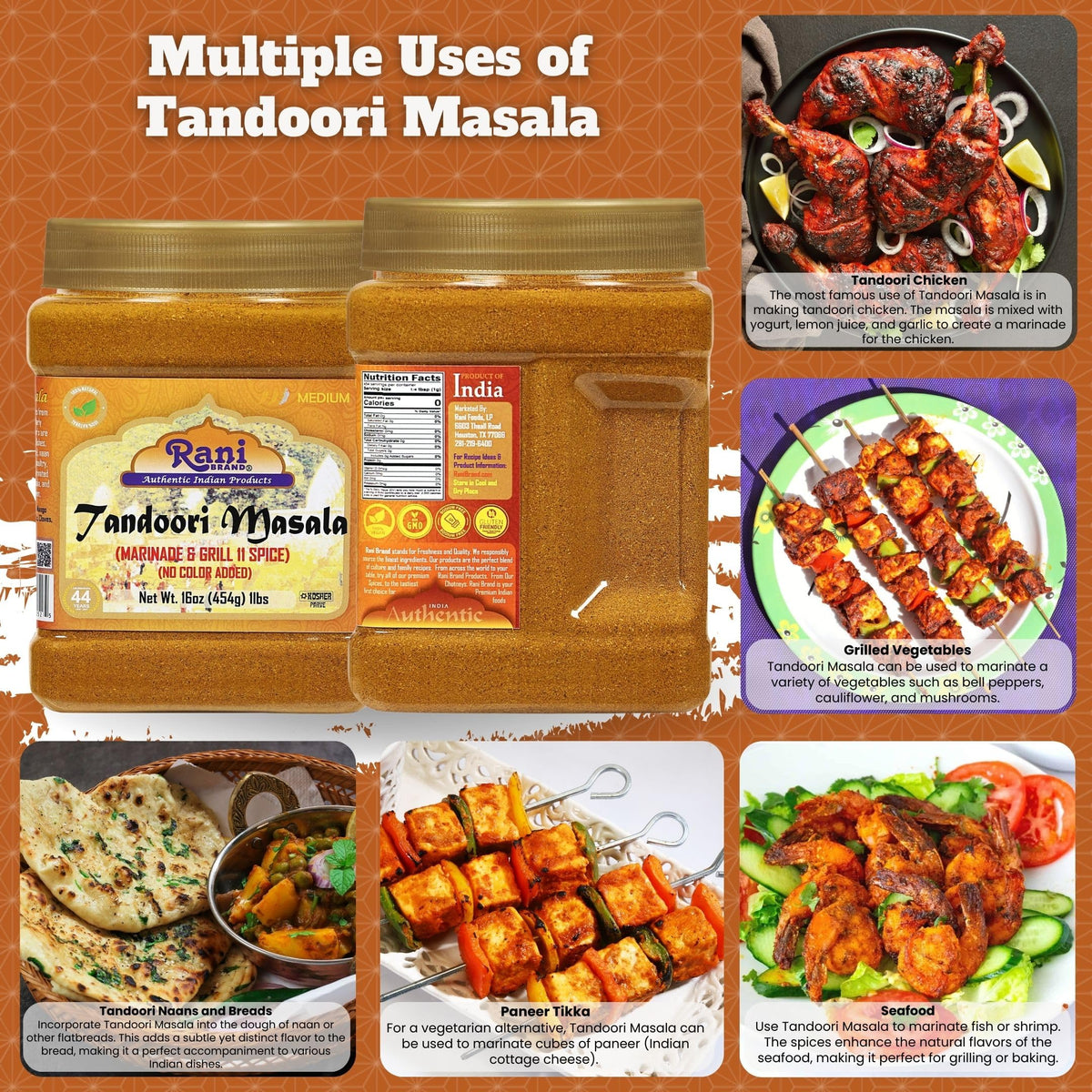 Rani Brand Tandoori Masala jar close-up reveals vibrant spices for rubs