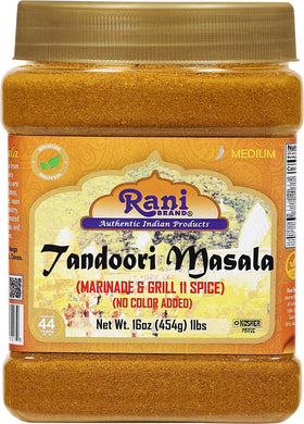 Rani Brand Tandoori Masala jar front shows 11-spice blend for authentic flavor