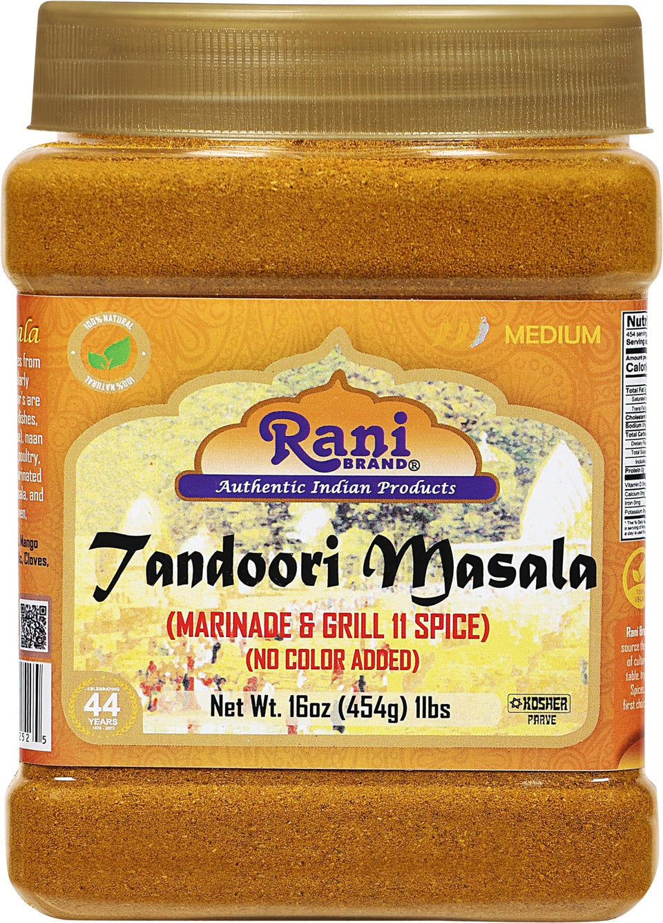 Rani Brand Tandoori Masala jar front shows 11-spice blend for authentic flavor