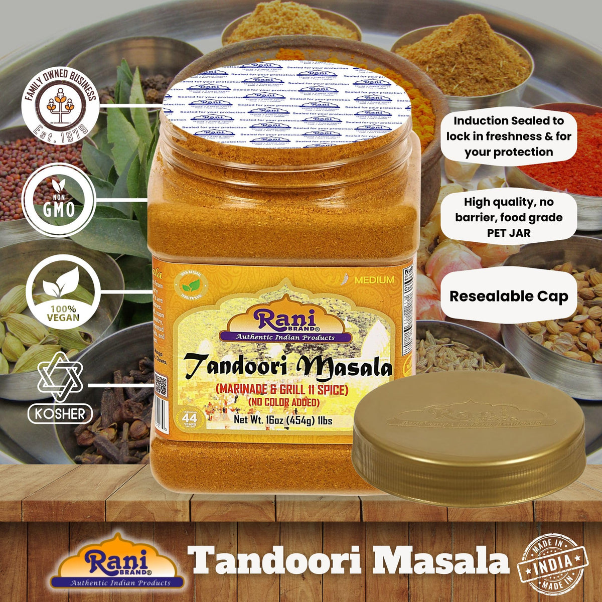 Rani Brand Tandoori Masala label detail highlights 11 high-quality spices