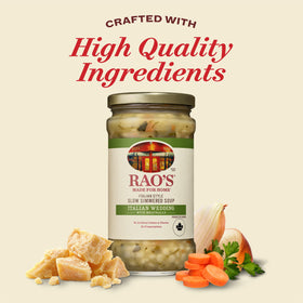 Rao's ingredients close-up featuring pasta, spinach, and vegetables in a rich base.