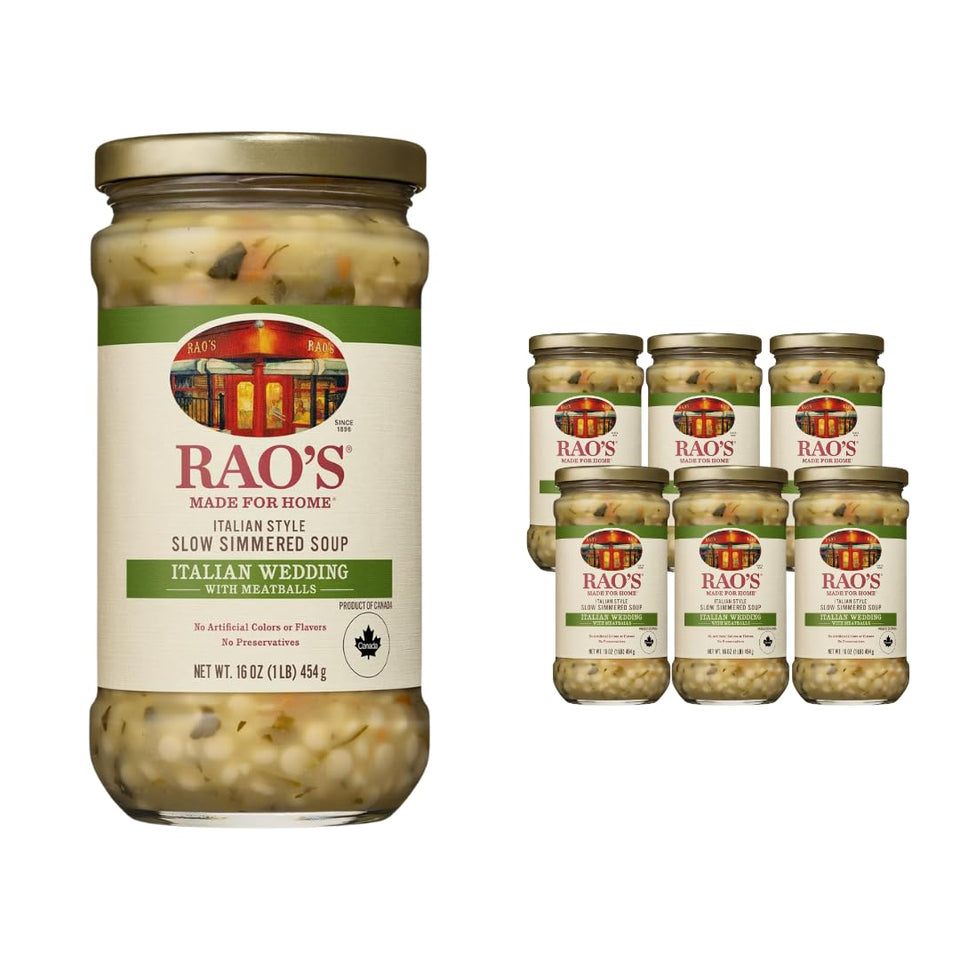 Rao's Homemade Italian Wedding Soup jar front showing authentic flavor ready to heat and enjoy.