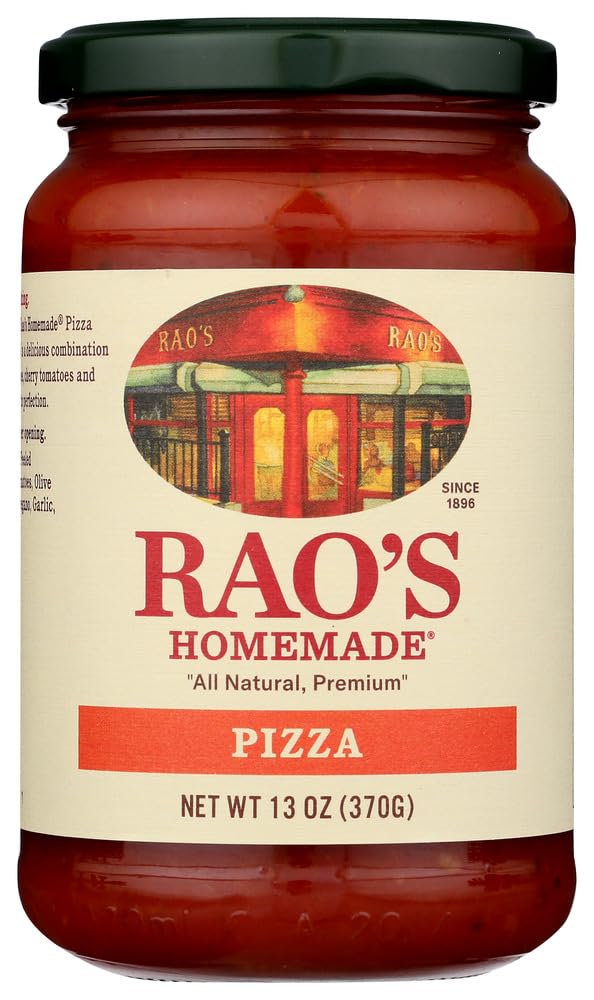 Rao's Homemade Pizza Sauce bottle showing rich tomatoes for authentic flavor