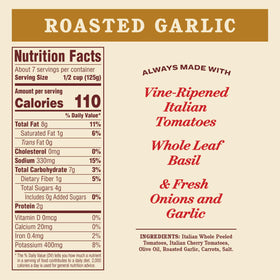 Raos Homemade Roasted Garlic Sauce bottle label shows premium ingredients for Italian cooking