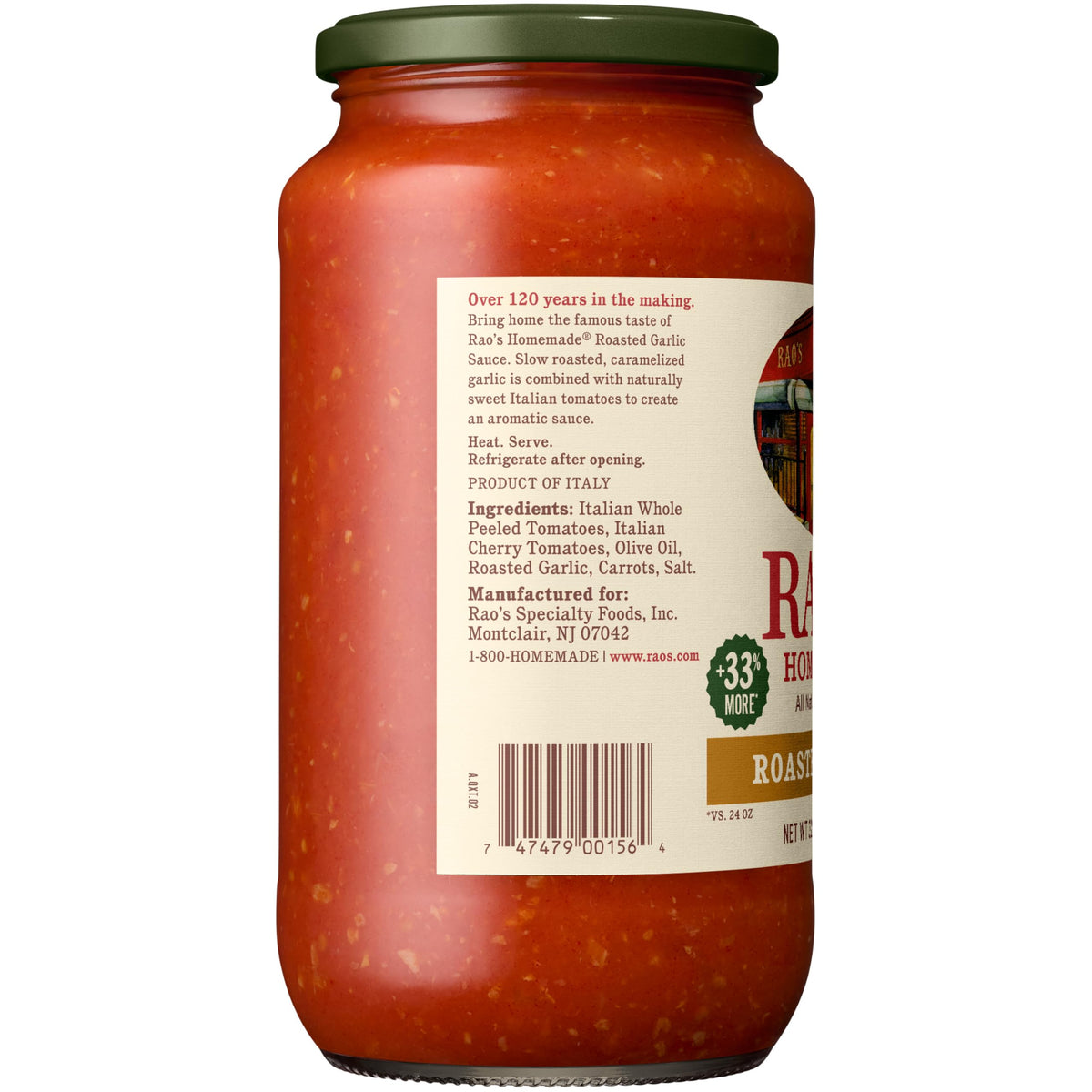 Raos Homemade Roasted Garlic Sauce ingredients panel highlights tomatoes and slow-cooked garlic
