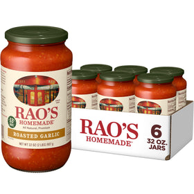 Raos Homemade Roasted Garlic Sauce jar closeup highlights rich pasta flavor