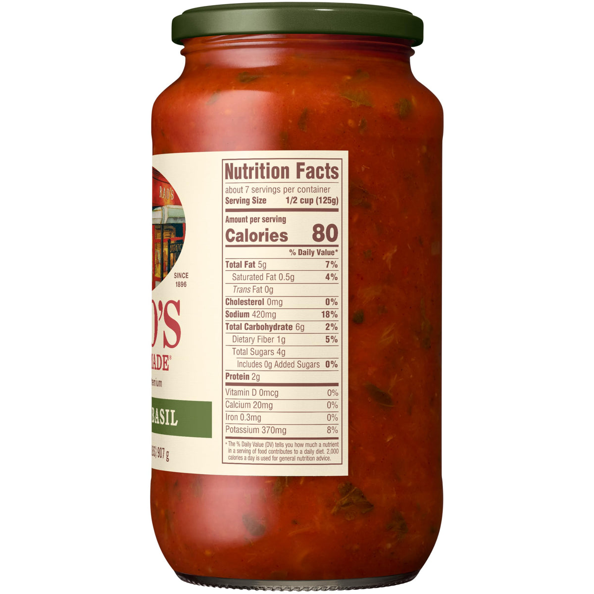 Italian tomatoes and basil visible in Raos sauce jar.