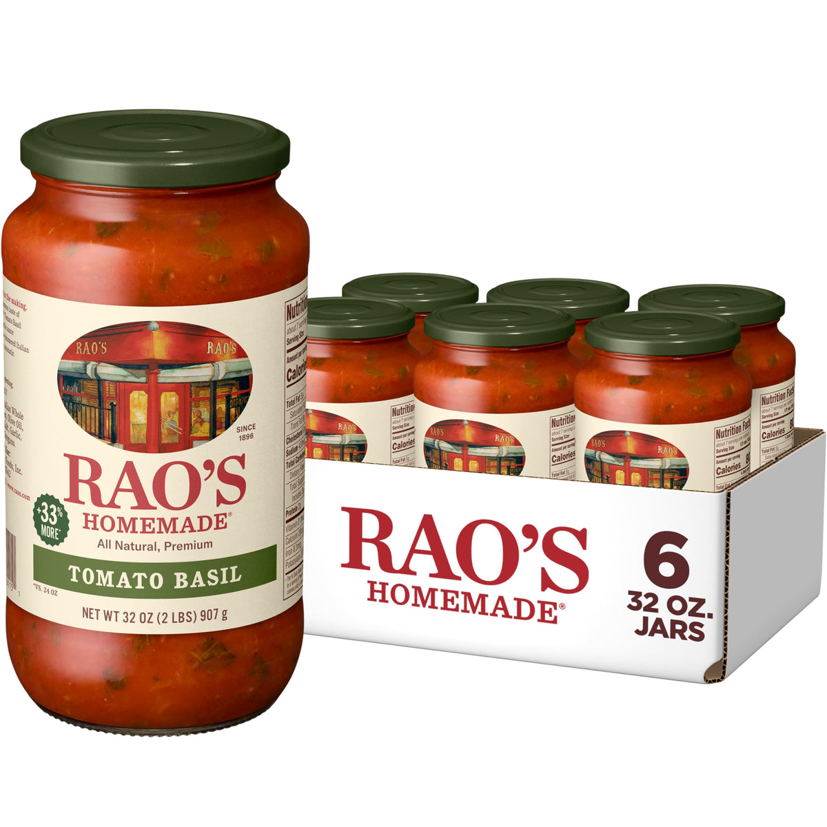 Raos Homemade Tomato Basil Sauce jar for quick weeknight pasta.