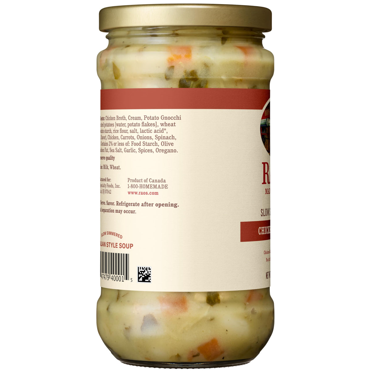 Chopped vegetables and gnocchi visible in Rao’s soup, a hearty meal idea.