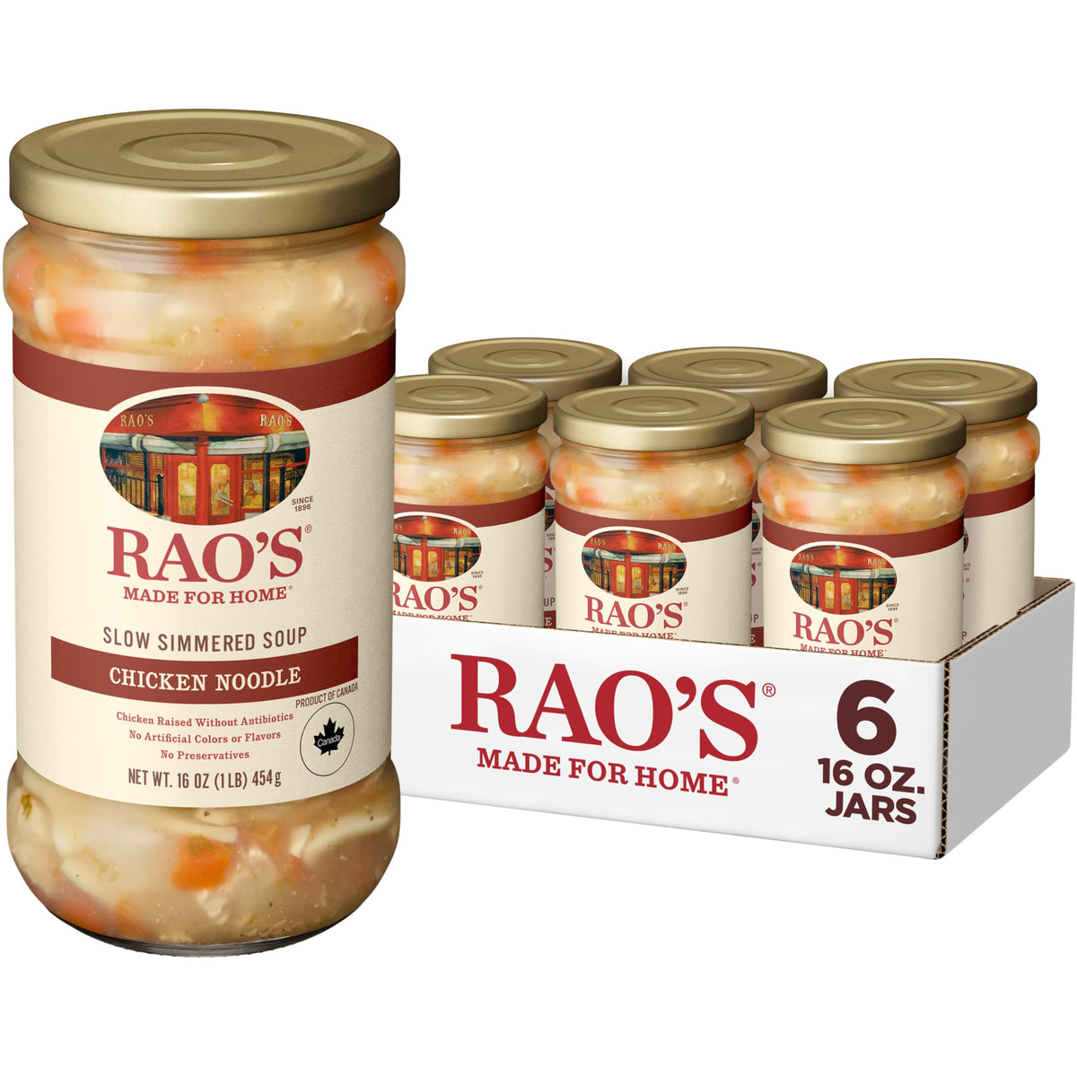 Rao's Made For Home Chicken Noodle Soup six-pack front label, showcasing brand and convenience.