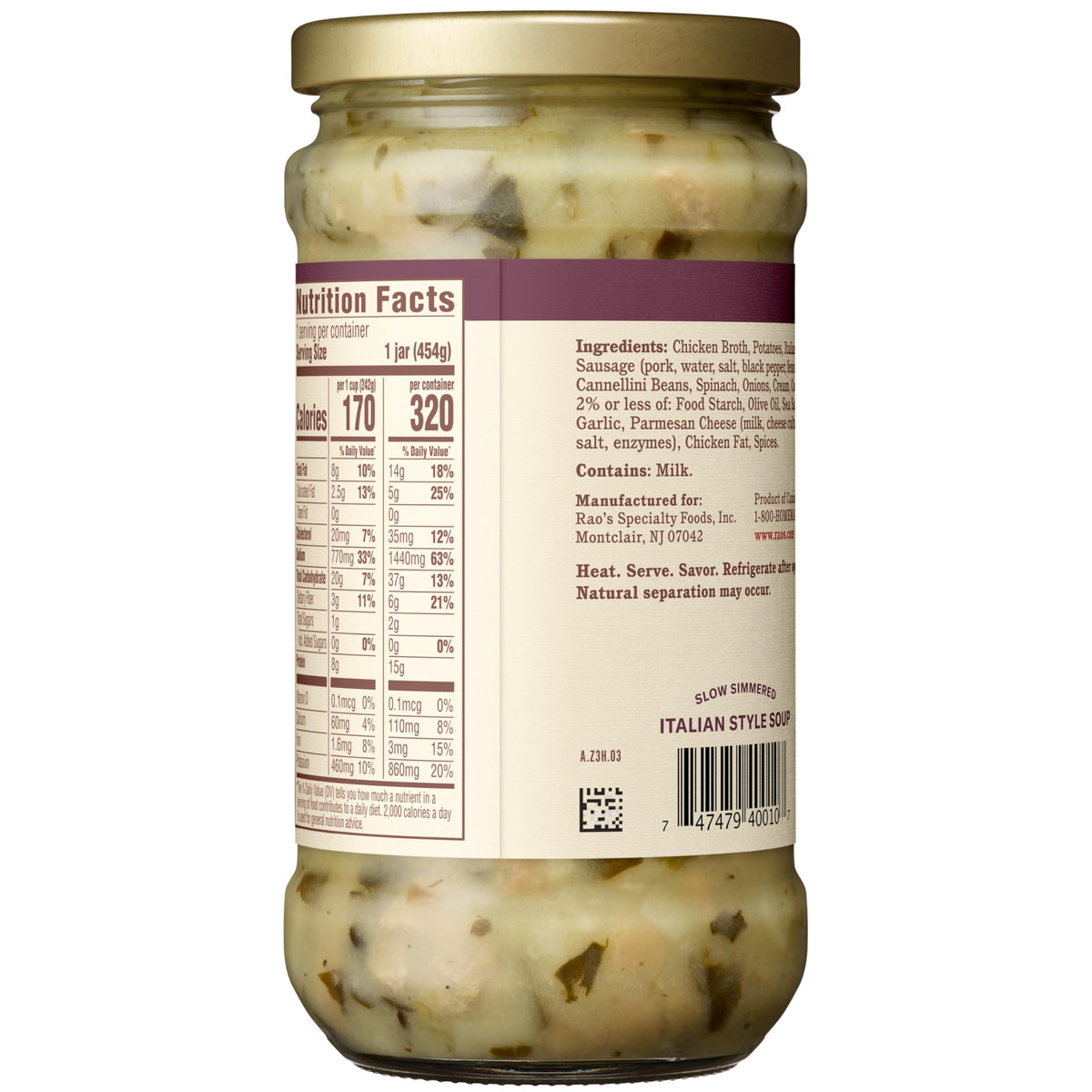 Rao’s Made For Home Sausage and Potato Soup in a cooking pot with simmering aroma for comfort