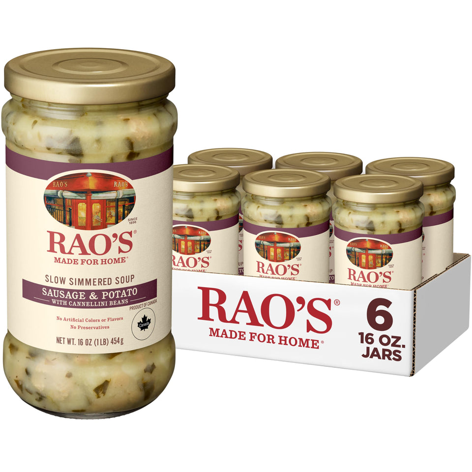 Rao’s Made For Home Sausage and Potato Soup label on six-pack for quick weeknight meals