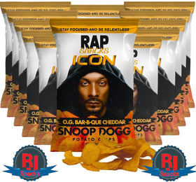 Rap Snacks Snoop Dogg Cheddar BBQ front bag for bold on-the-go snacking.