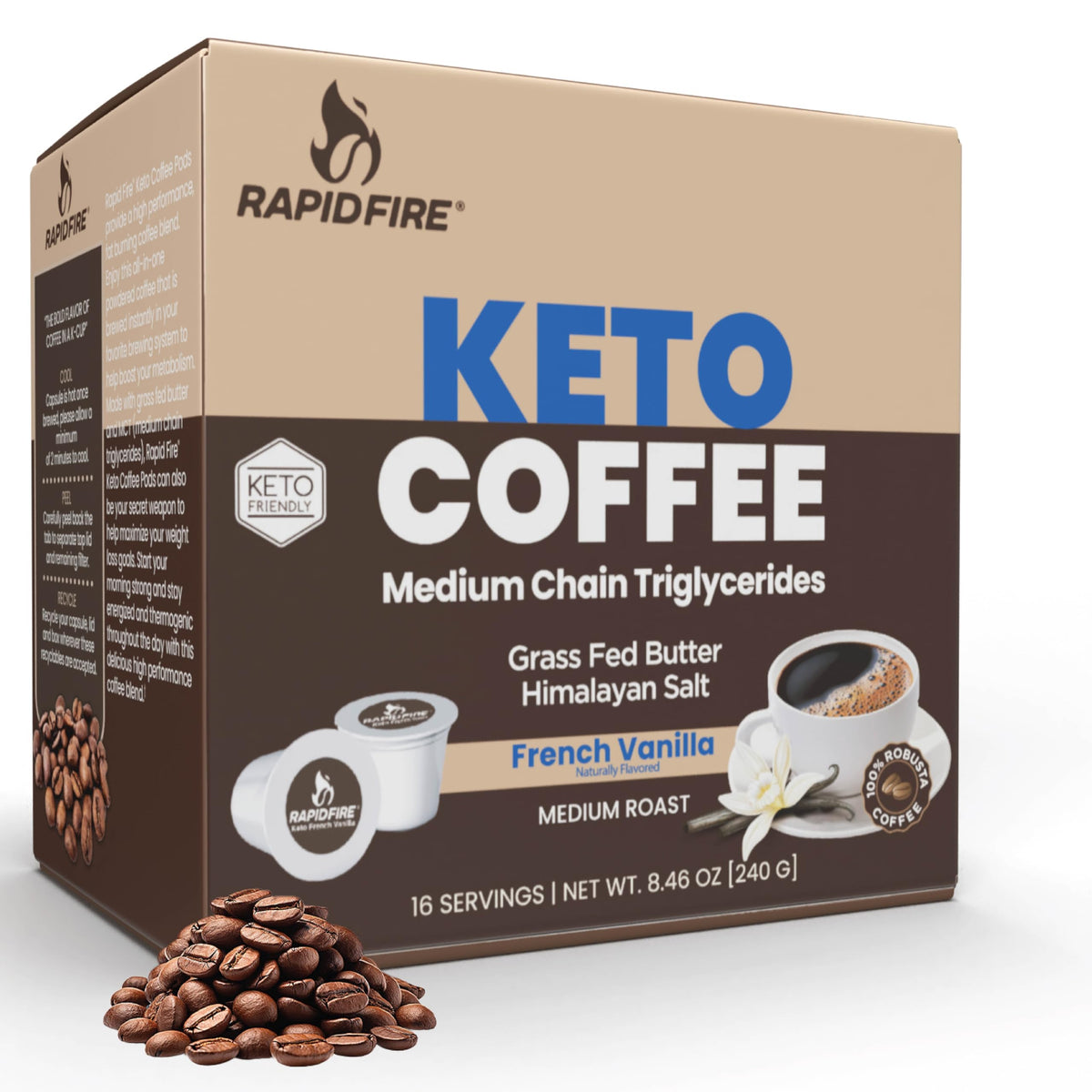 Rapid Fire French Vanilla ketogenic coffee pod packaging highlighting premium ingredients for steady morning energy.
