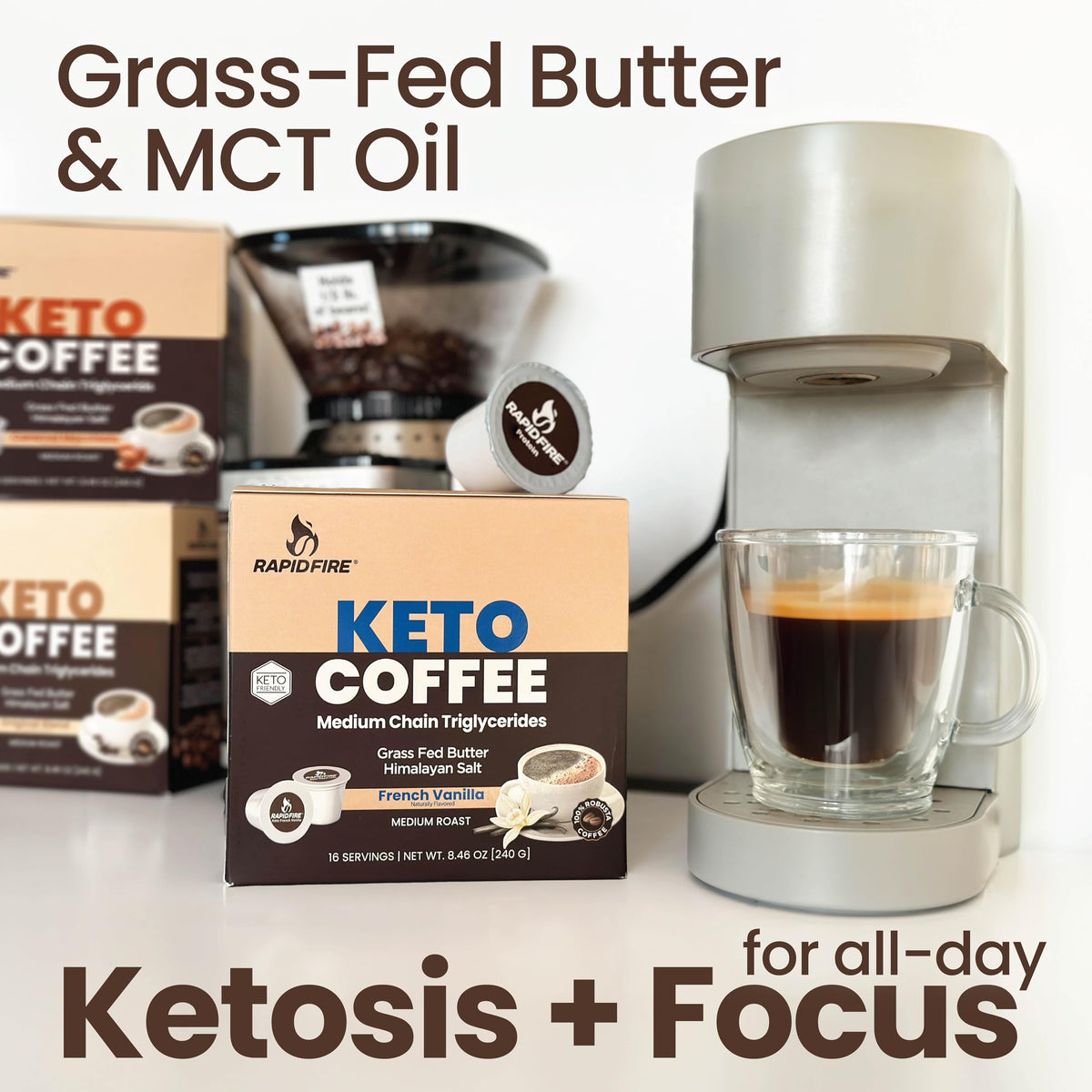 Rapid Fire keto coffee pod close-up showing MCTs and grass-fed butter for focus.