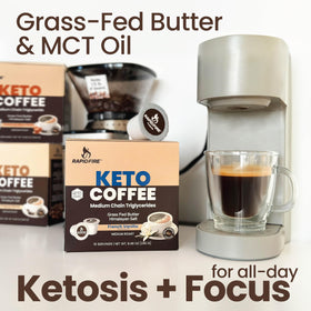 Rapid Fire keto coffee pod close-up showing MCTs and grass-fed butter for focus.