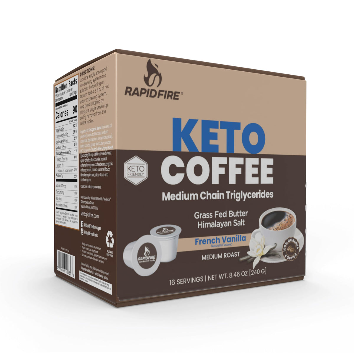 Rapid Fire packaging beside measuring spoon, signaling convenient single-serve Keto coffee.