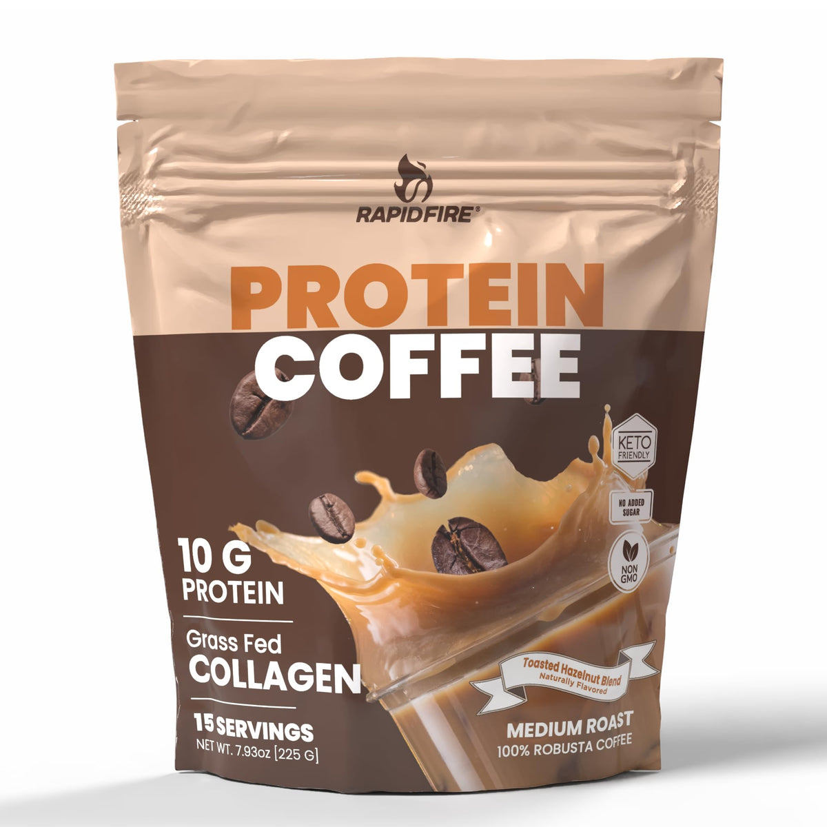 Rapid Fire Protein Coffee Hazelnut packaging showcases the protein blend for on-the-go energy.