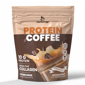 Rapid Fire Protein Coffee Hazelnut packaging showcases the protein blend for on-the-go energy.