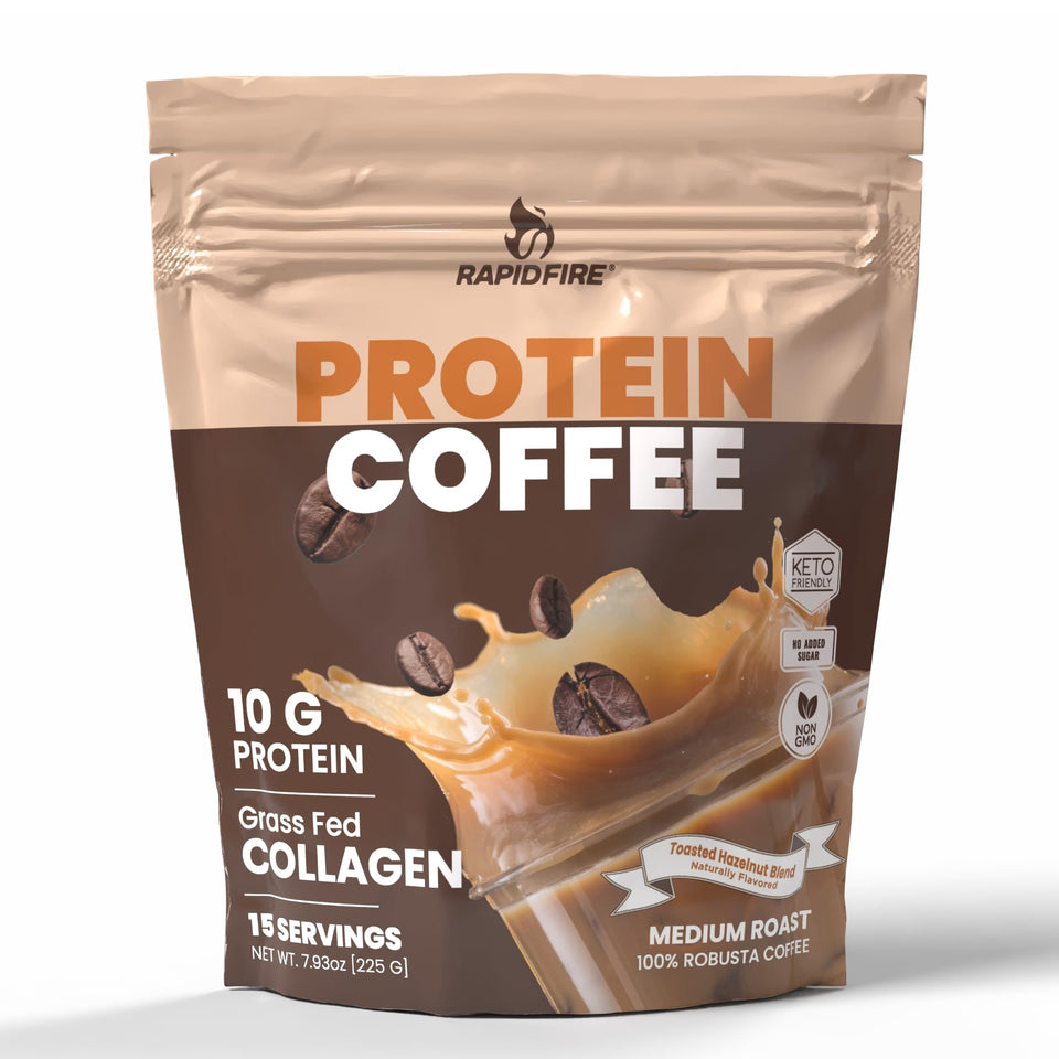Rapid Fire Protein Coffee Hazelnut packaging showcases the protein blend for on-the-go energy.