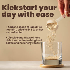 Rapid Fire Protein Coffee hot serve depicts a convenient protein morning ritual.