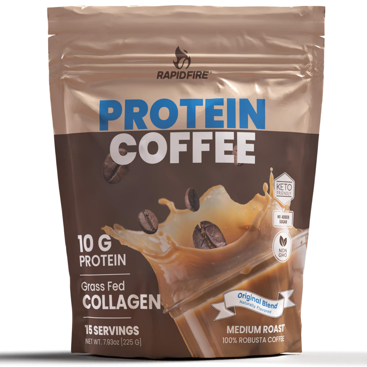 Rapid Fire Protein Coffee original bottle shows bold flavor for daily energy and protein support.