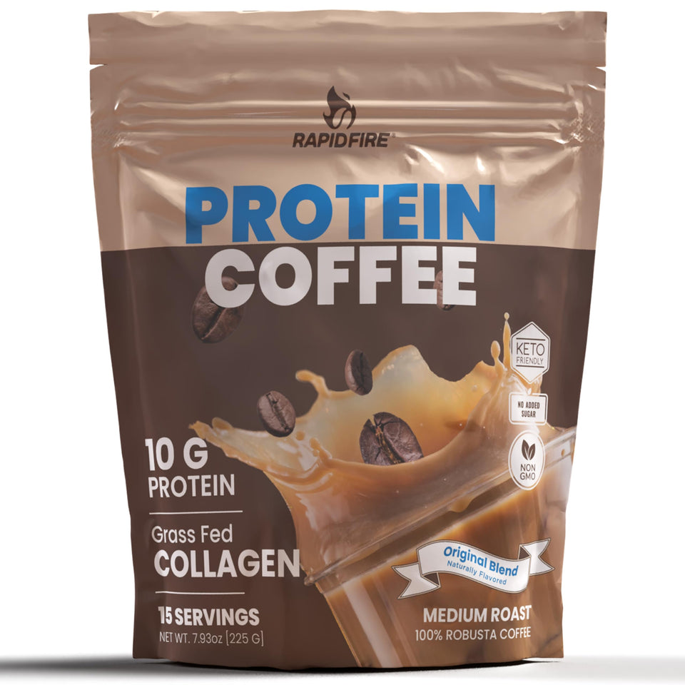 Rapid Fire Protein Coffee original bottle shows bold flavor for daily energy and protein support.