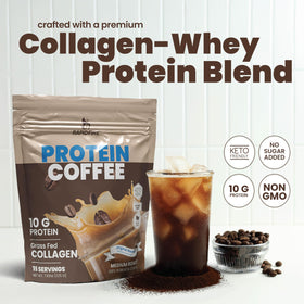 Rapid Fire Protein Coffee protein blend scoop highlights multi-source protein for steady fueling.